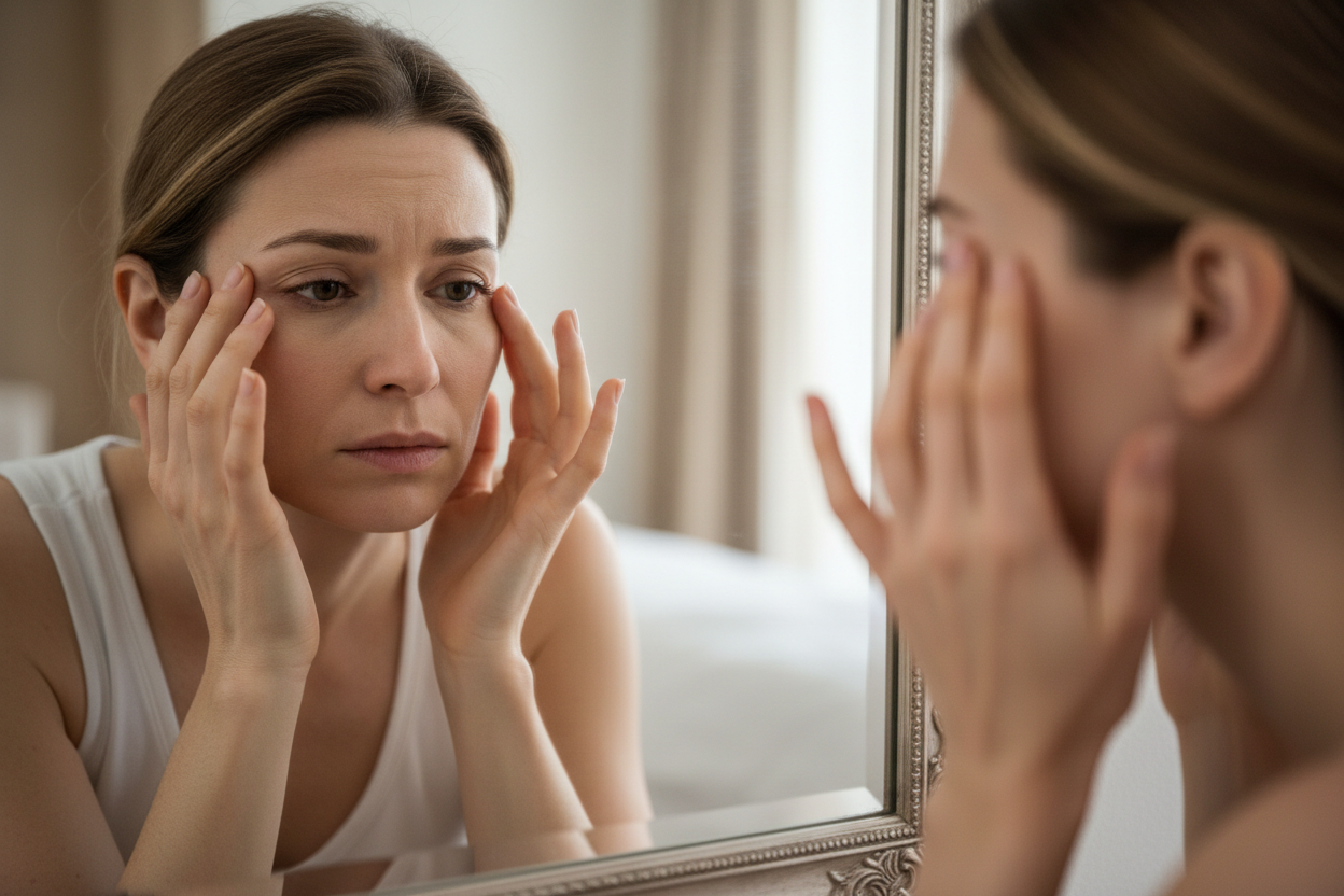une femme se regarde dans le miroir et se voit fatiguée, elle pose ses doigts autour de ses yeux et ses joues